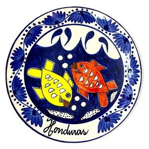 Colorful Fish Decorative Ceramic Plate Honduras Blue White